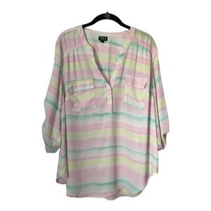 Torrid Harper Georgette Top Size 2 Pastel Stripe 3/4 Sleeve Roll Tab Sheer Tunic